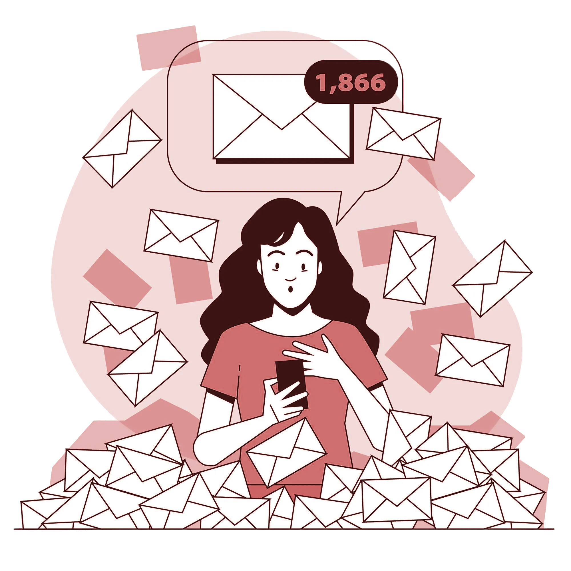 Illustration d'une personne recevant des centaines d'emails représentés par des petites enveloppes